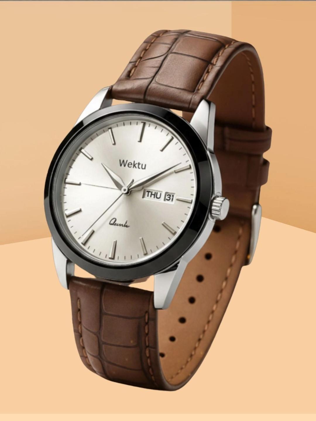 WEKTU Unisex Dial & Leather Straps Analogue Date Aperture Watch