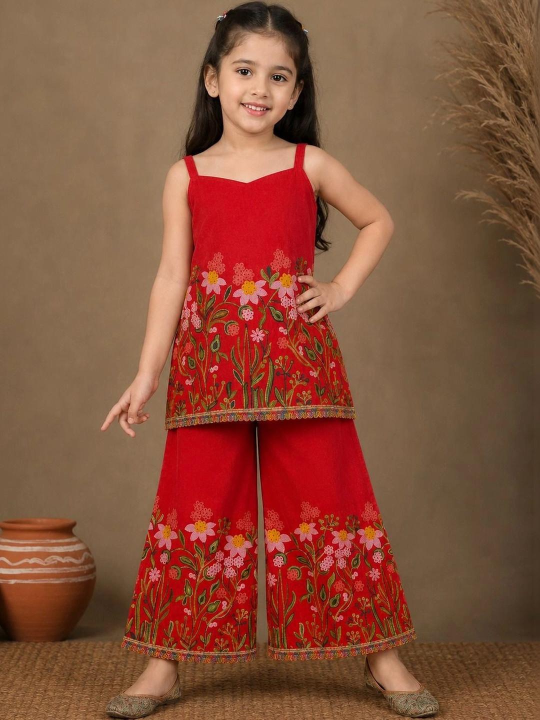 Sangria Girls Floral Embroidered Regular Thread Work Kurta with Palazzos