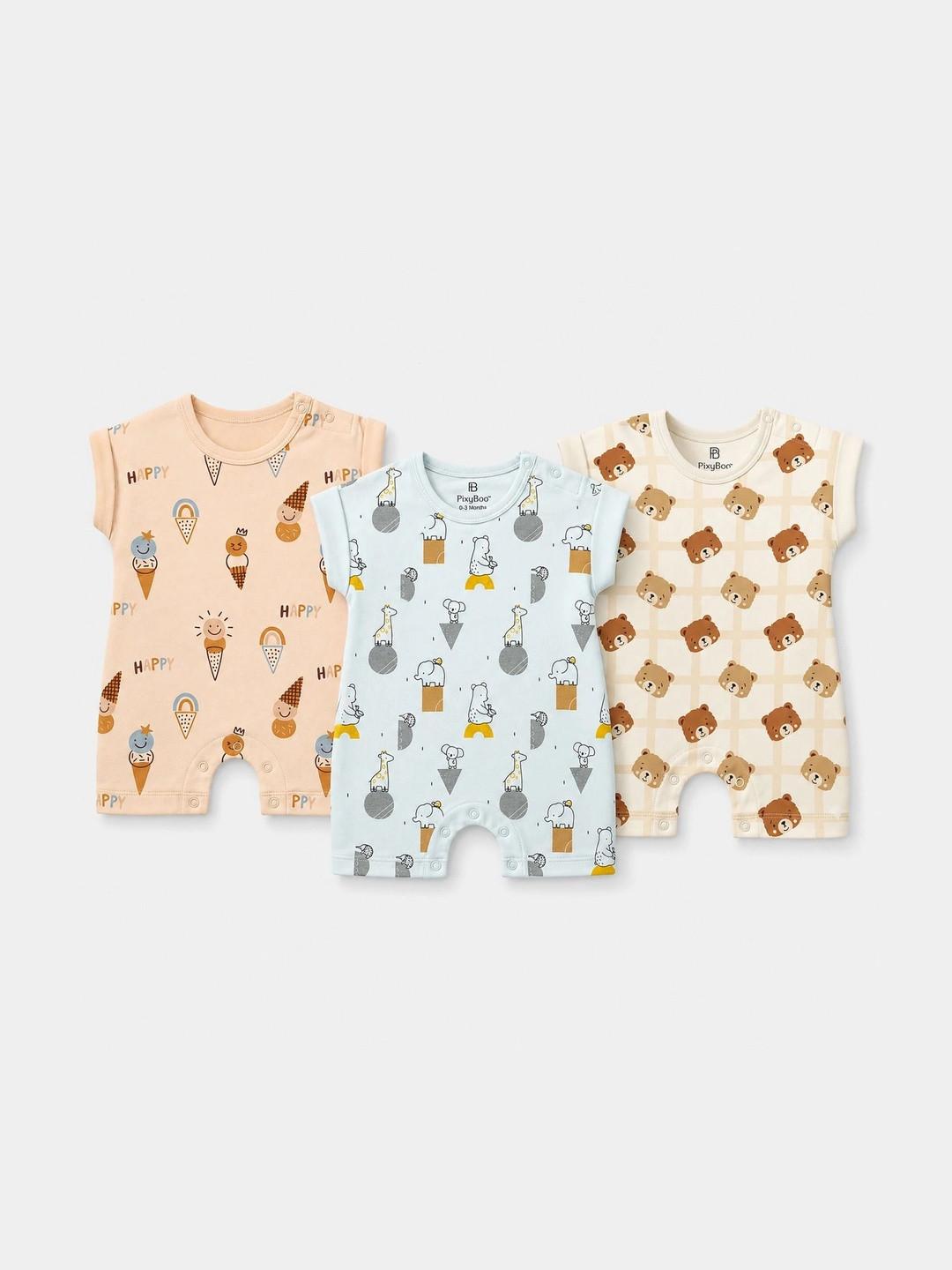 PixyBoo Infants Pack Of 3 Printed Pure Cotton Rompers