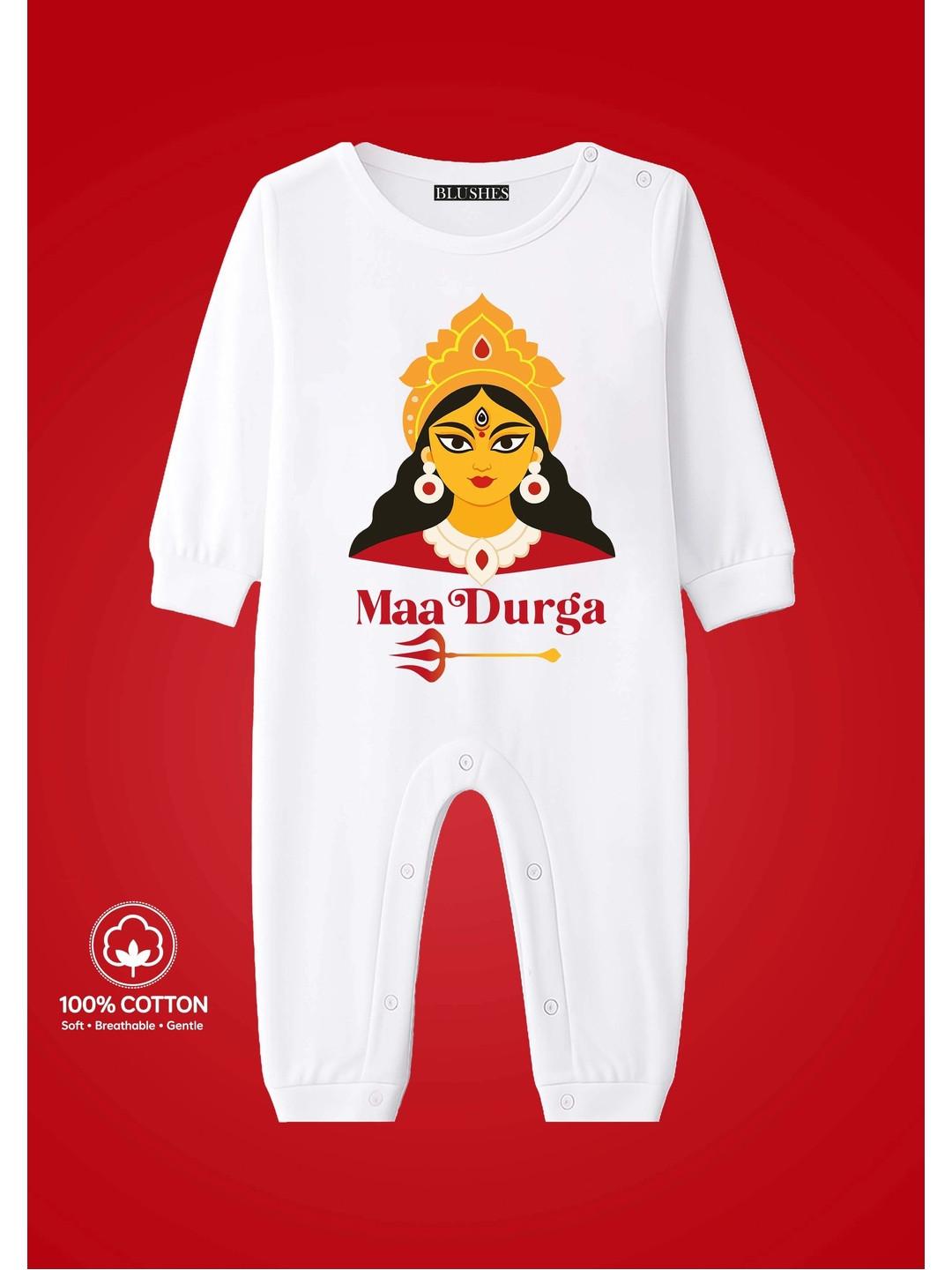 BLUSHES Infants Maa Durga Text Printed Pure Cotton Romper
