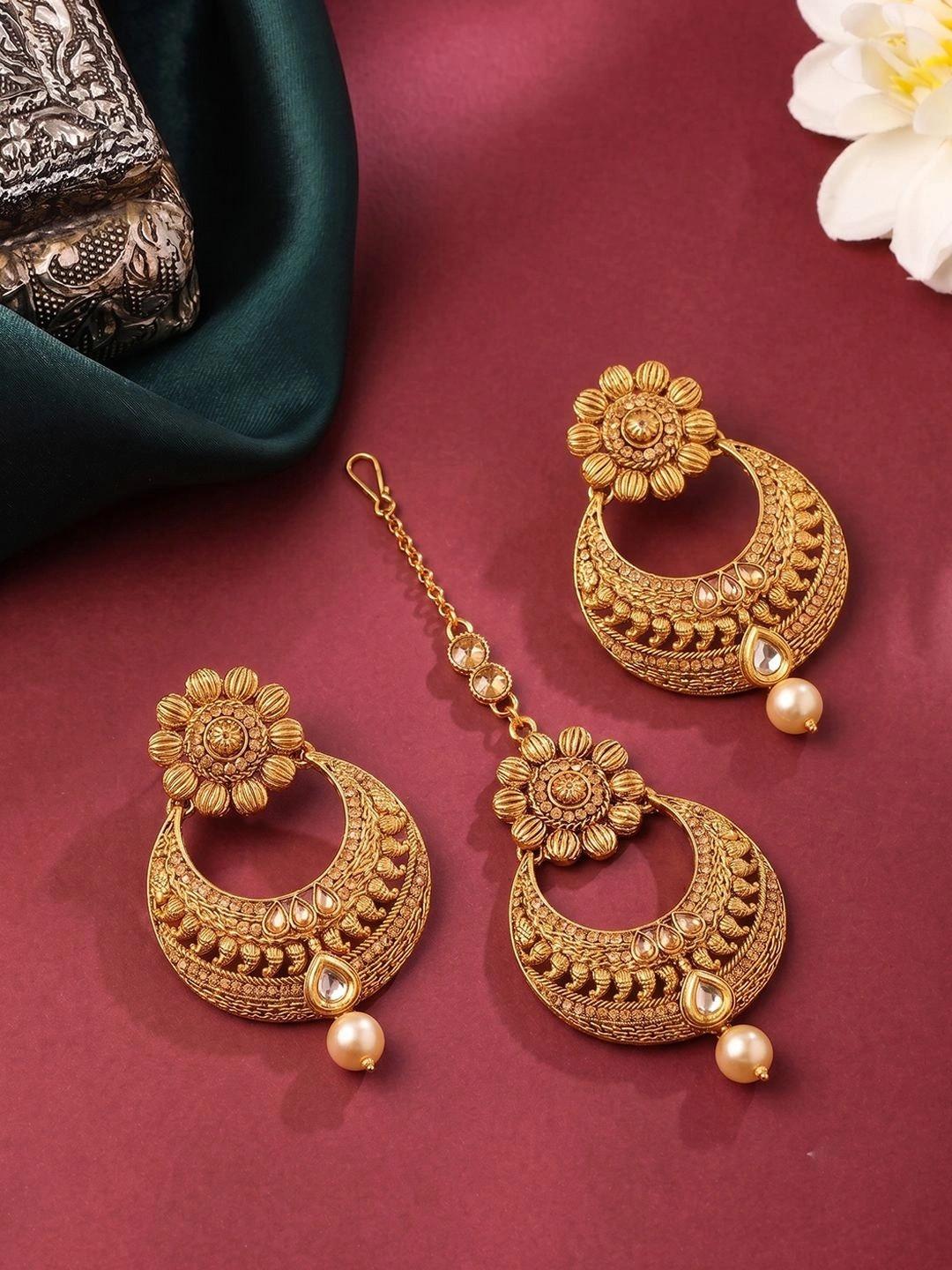 Peora Gold-Plated Antique Beaded Maang Tika and Earrings