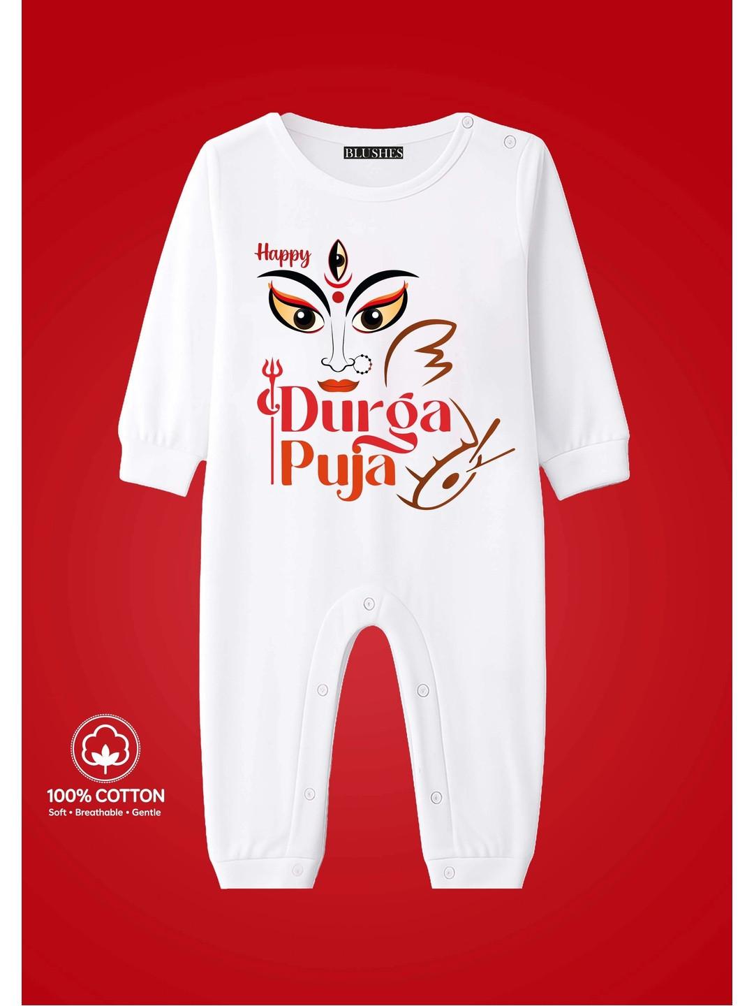 BLUSHES Infants Happy Durga Puja Text Printed Pure Cotton Romper