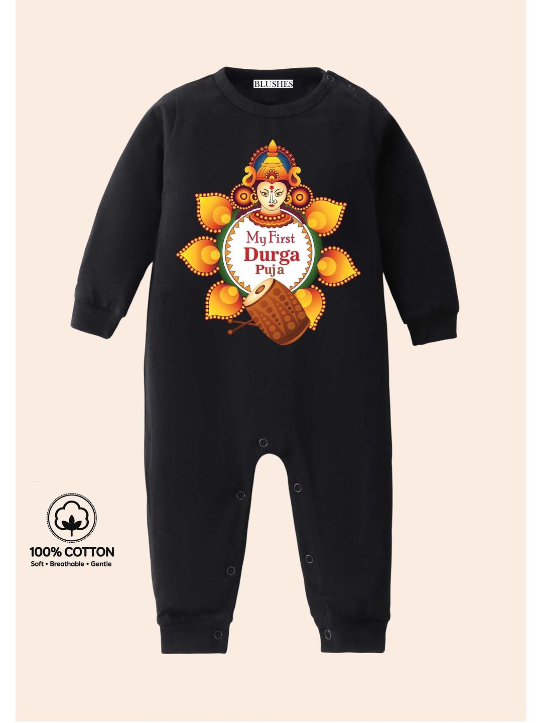 BLUSHES Infants My First Durga Puja Text Printed Pure Cotton Romper