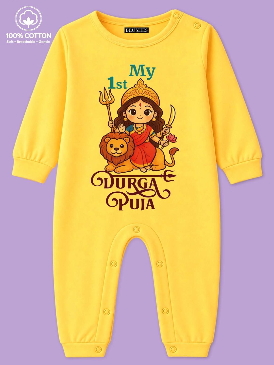 BLUSHES Infants My First Durga Puja Text Printed Pure Cotton Romper