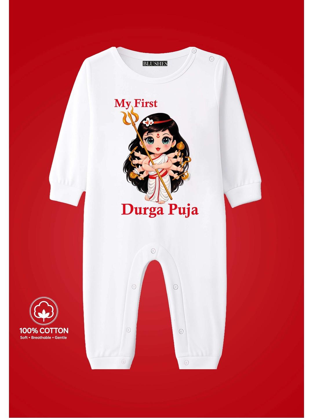 BLUSHES Infants My First Durga Puja Text Printed Pure Cotton Romper