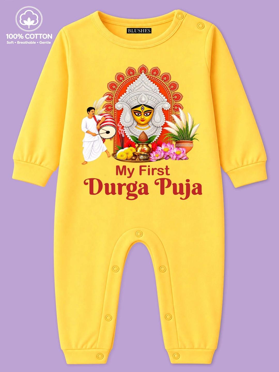 BLUSHES Infants My First Durga Puja Text Printed Pure Cotton Romper
