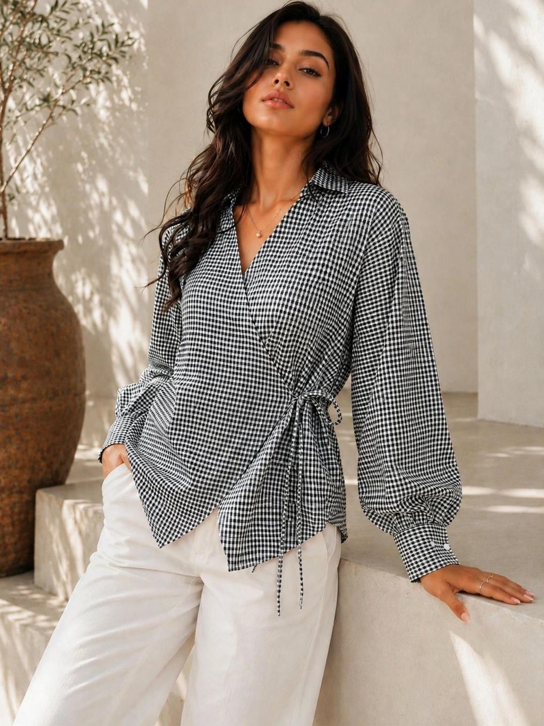 CORSICA Women Gingham Checks Sheer Checked Casual Shirt
