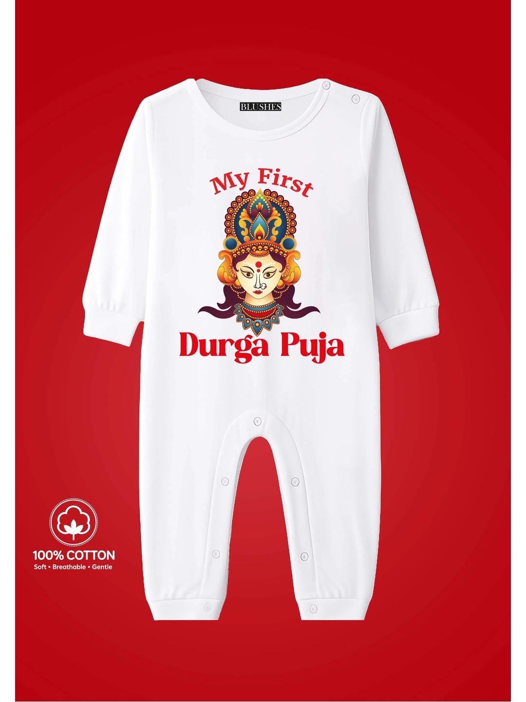 BLUSHES Infants My First Durga Puja Text Printed Pure Cotton Romper