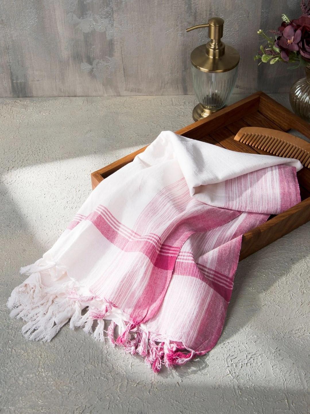 Fabindia Pink & White 1 Striped Cotton 120 GSM Bath Towel