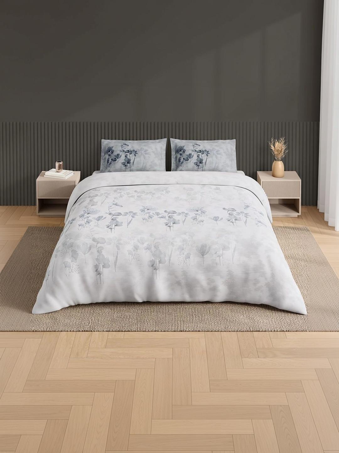 SPACES White & Grey Floral Bedsheet with 2 Pillow Covers