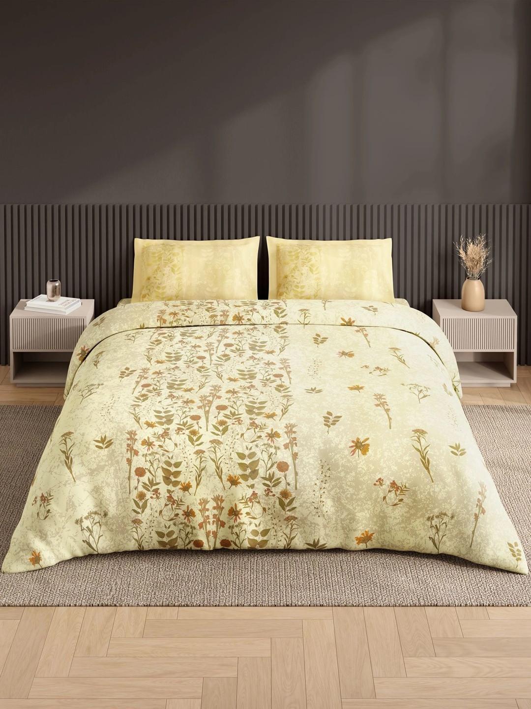 SPACES Yellow & Brown Floral Bedsheet with 2 Pillow Covers