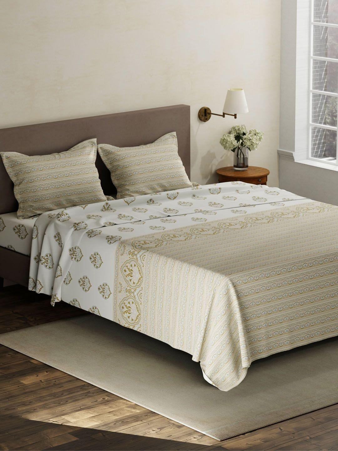 Layers Cream-Coloured & Gold-Toned Ethnic Motifs 120 TC King Bedsheet with 2 Pillow Covers