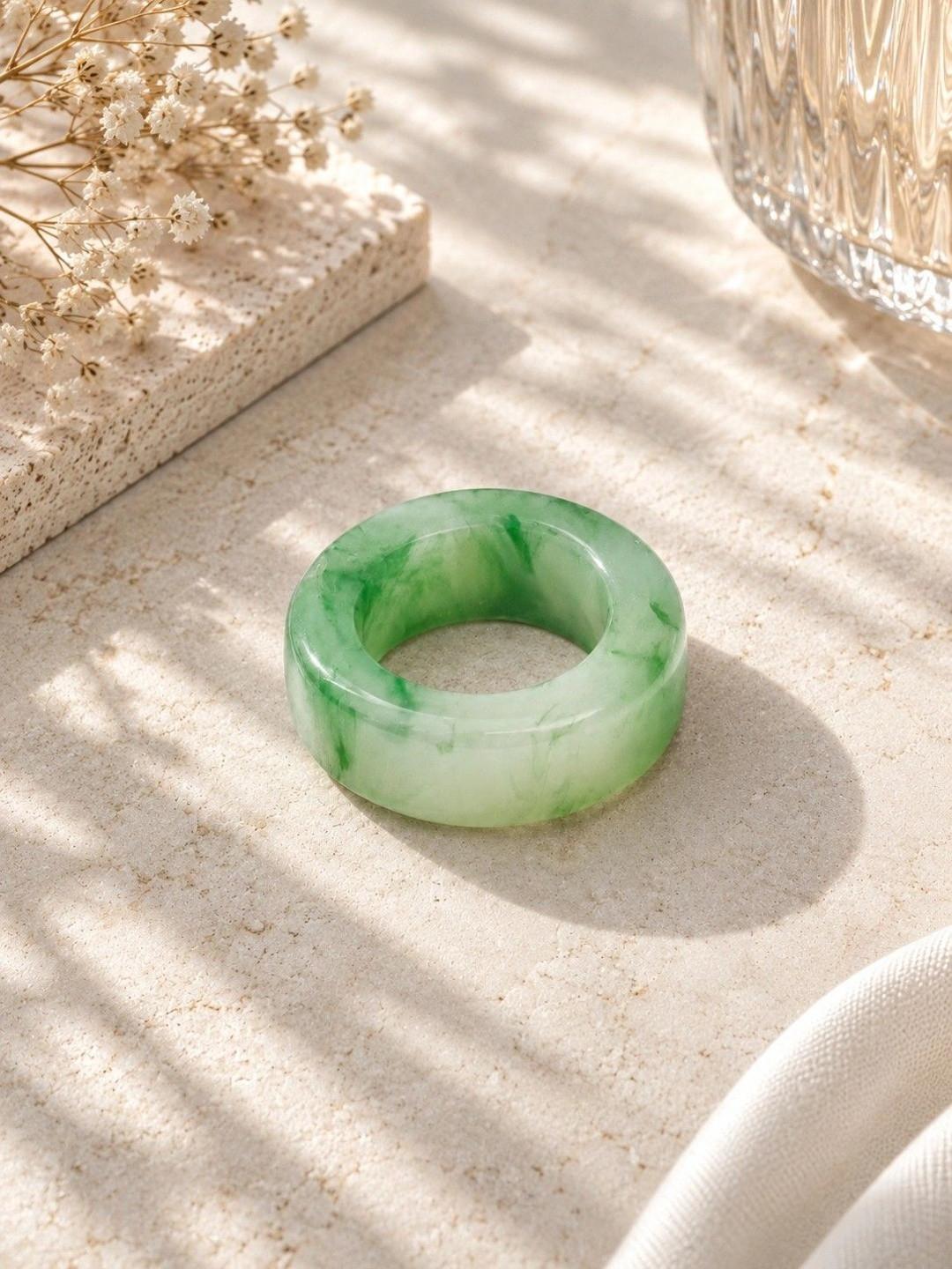 ANUVA Meadow Glow Marbled Light Green Resin Open Round Band Statement Ring