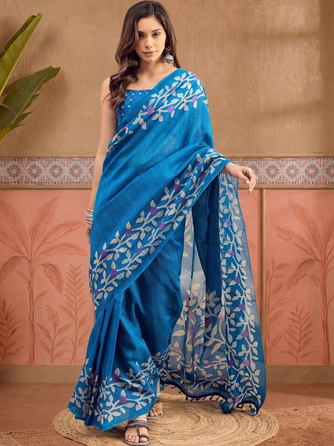Sangria Floral Pure Cotton Designer Block Print Saree