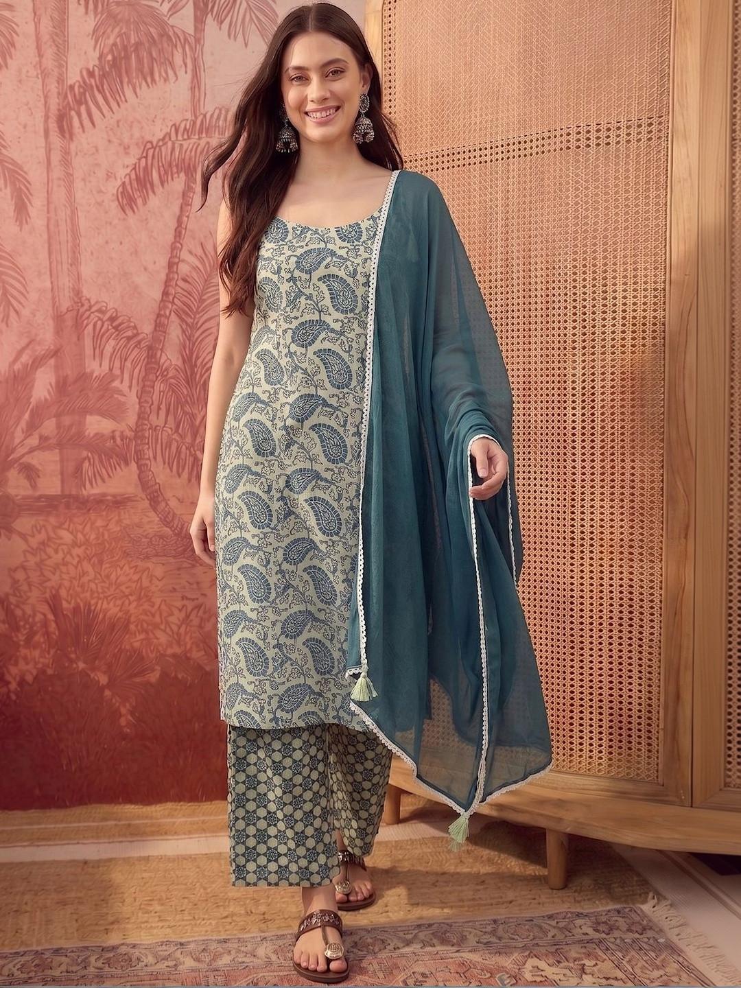 Sangria Women Ethnic Motifs Printed Regular Pure Cotton Kurta with Trousers & With Dupatta