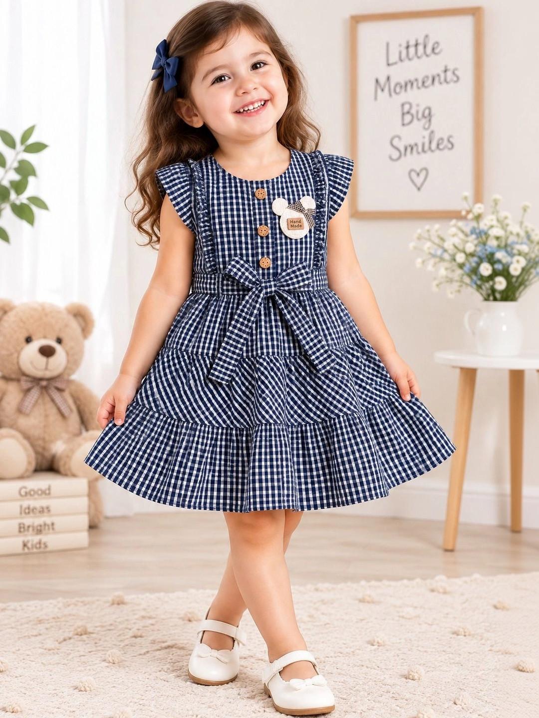 Cuddleloom Checked Flutter Sleeve Ruffled A-Line Dress