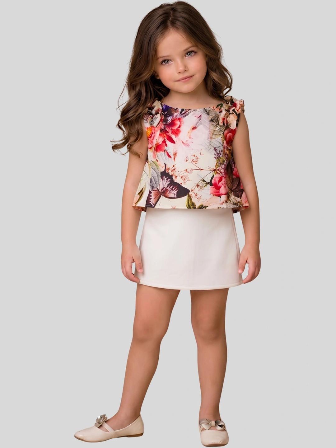 Pinkcow Floral Print Flutter Sleeve Ruffles Crepe Top