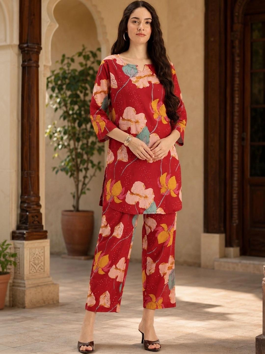 FERANOID Romantic Florals Cotton Printed Tunic with Trousers