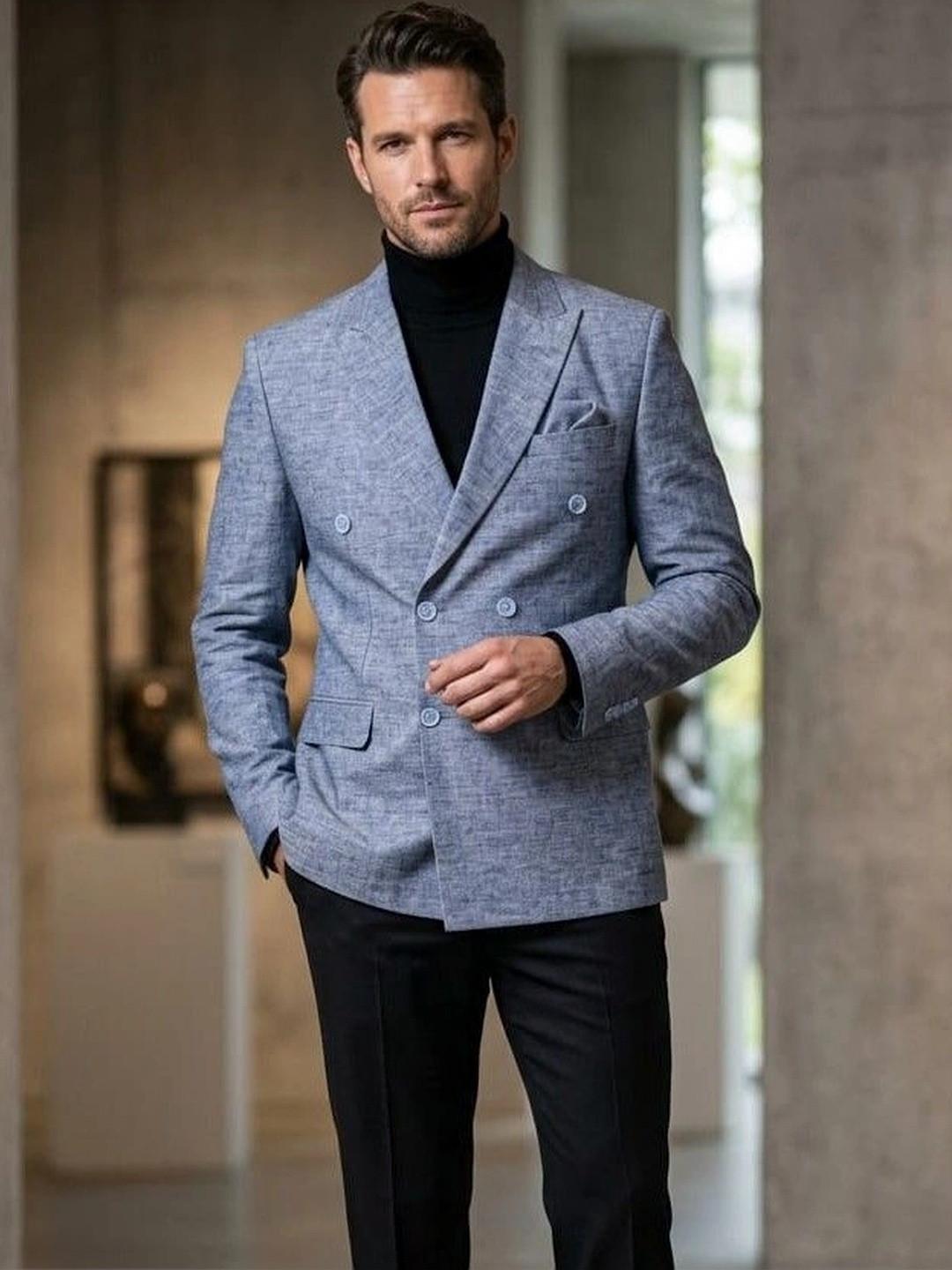 Asthetic Self Design Linen Notched Lapel Collar Double-Breasted Blazer