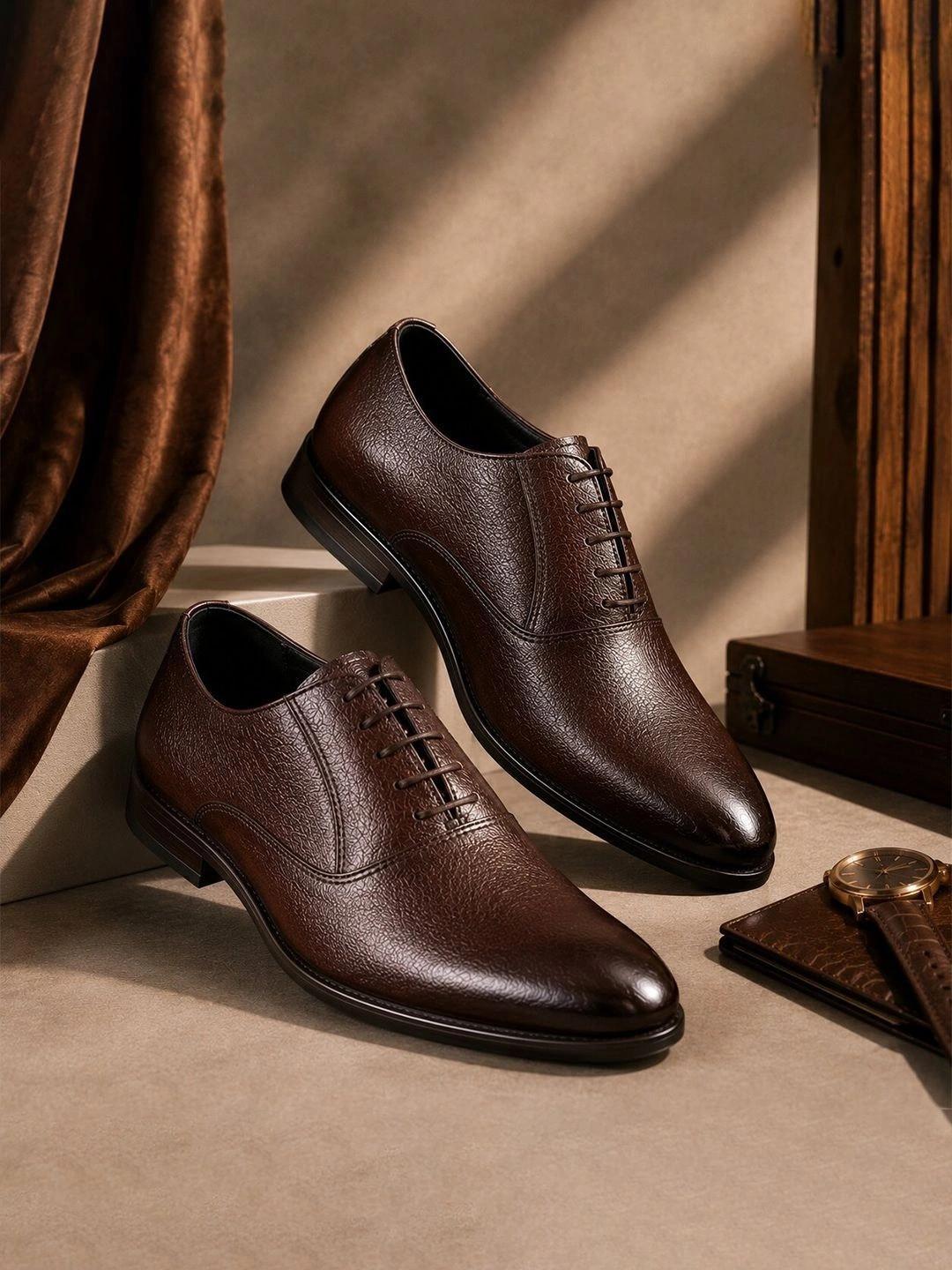 Provogue Textured Leather Pointed Toe Lace-Ups Formal Oxfords