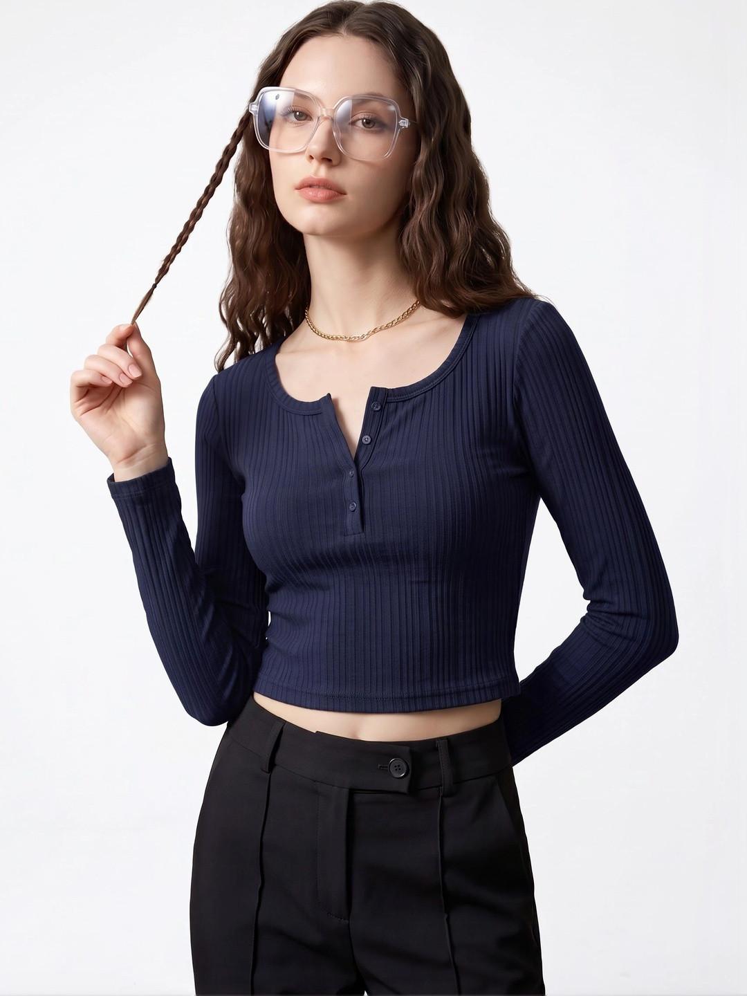 Navy Blue Cotton Ribbed Crop Top with Round Neck