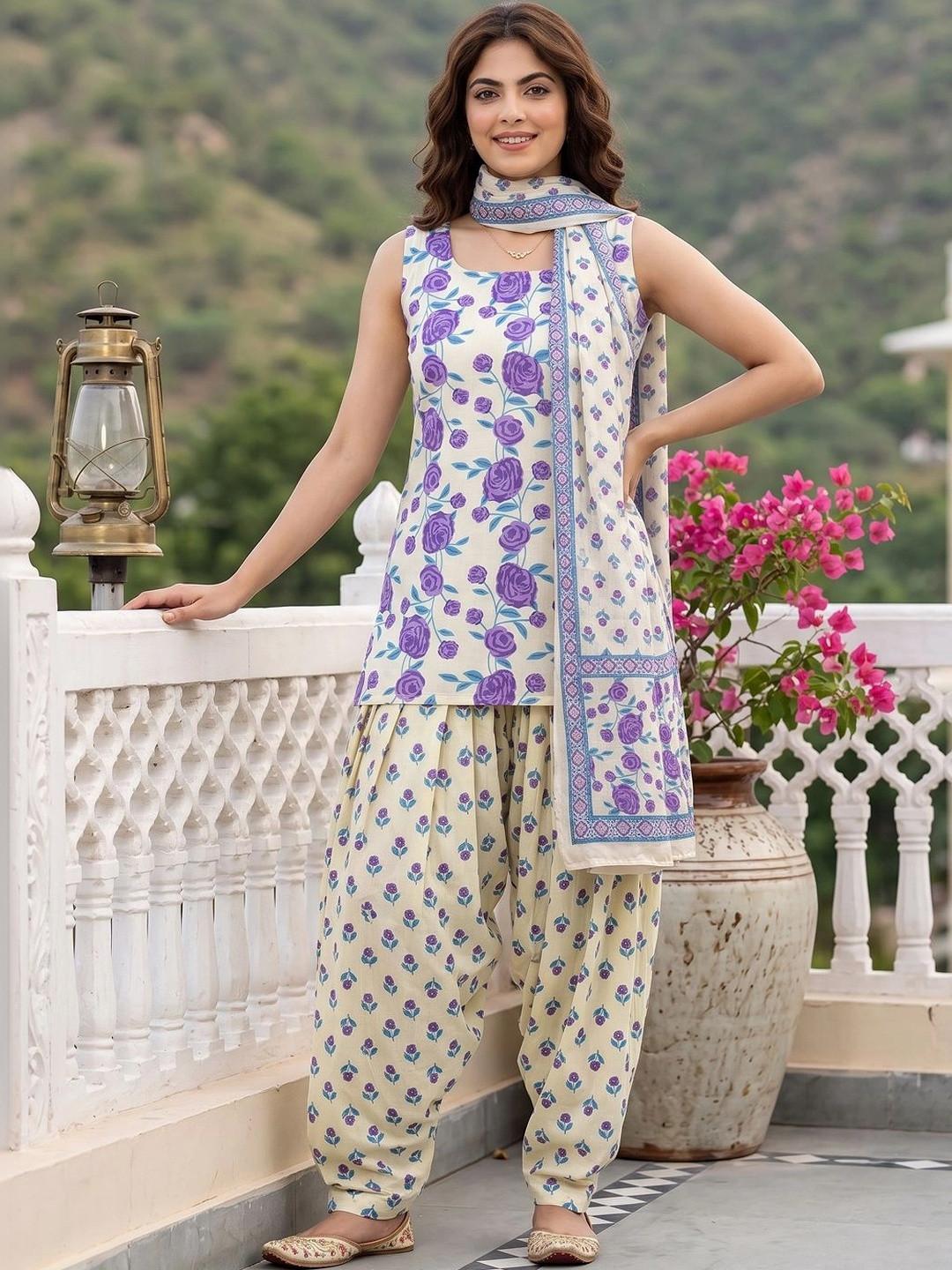 Anouk Women Floral Printed Regular Pure Cotton Kurti with Patiala & With Dupatta