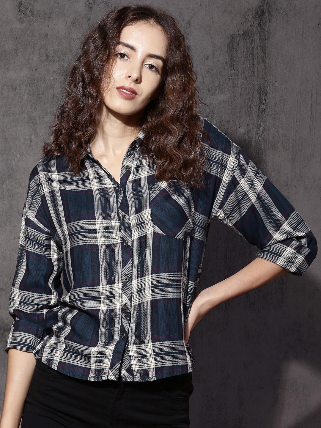 Roadster Women Navy Blue & Off-White Relaxed Regular Fit Checked Casual Shirt