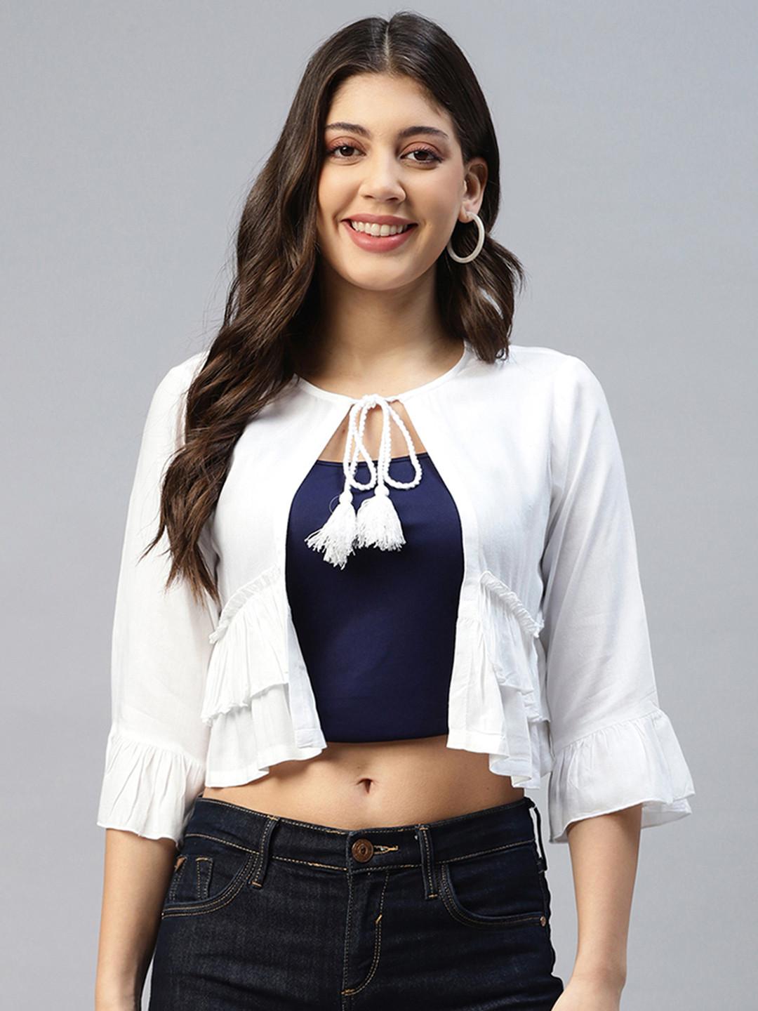 DEEBACO Women White Tie- Up Crop Shrug