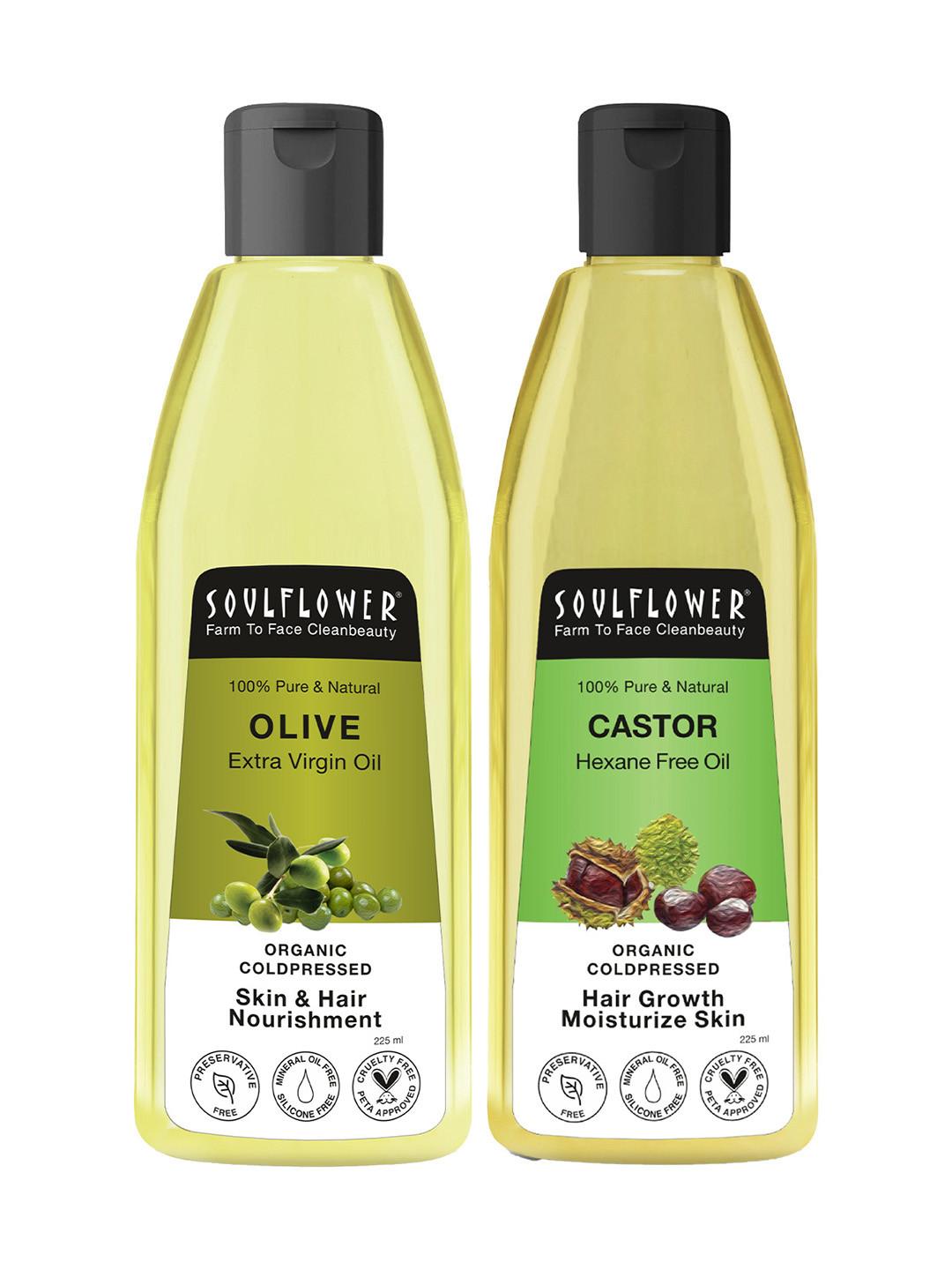 Soulflower Set of 100% Pure Natural Castor & Olive Oils For Skin & Hair - 225ml each
