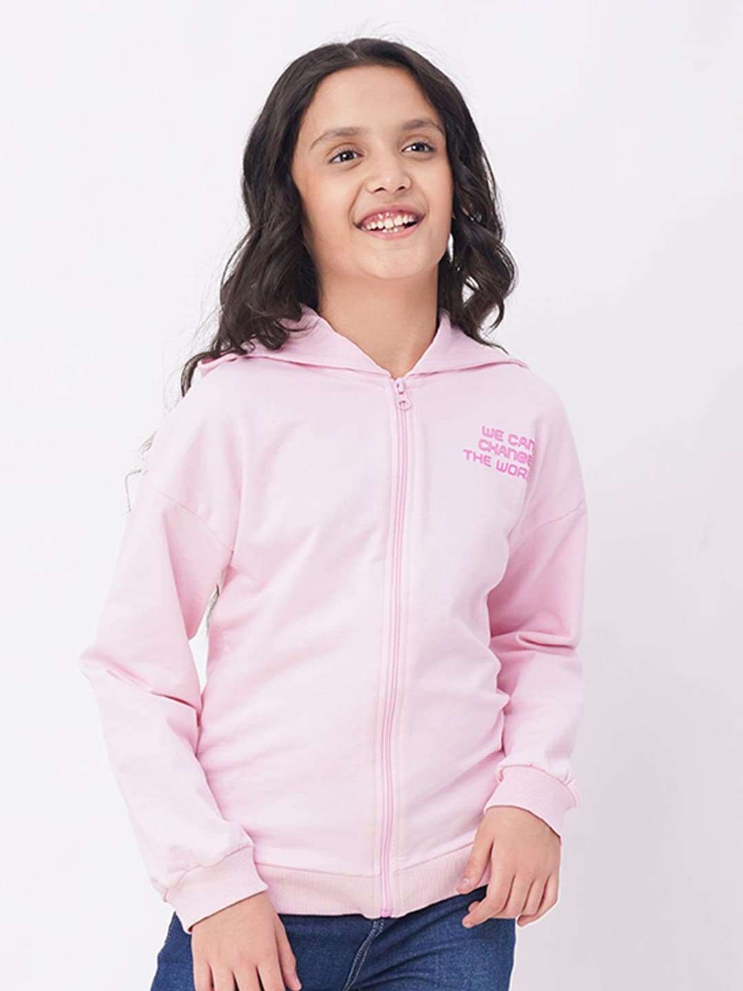 edheads Girls Pink Printed Cotton Hooded Bomber Jacket