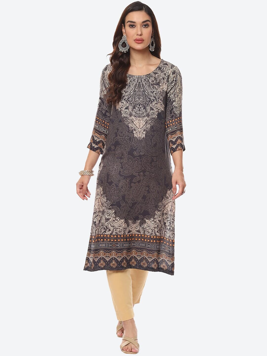 Biba Women Black Ethnic Motifs Printed Straight Fit Kurta