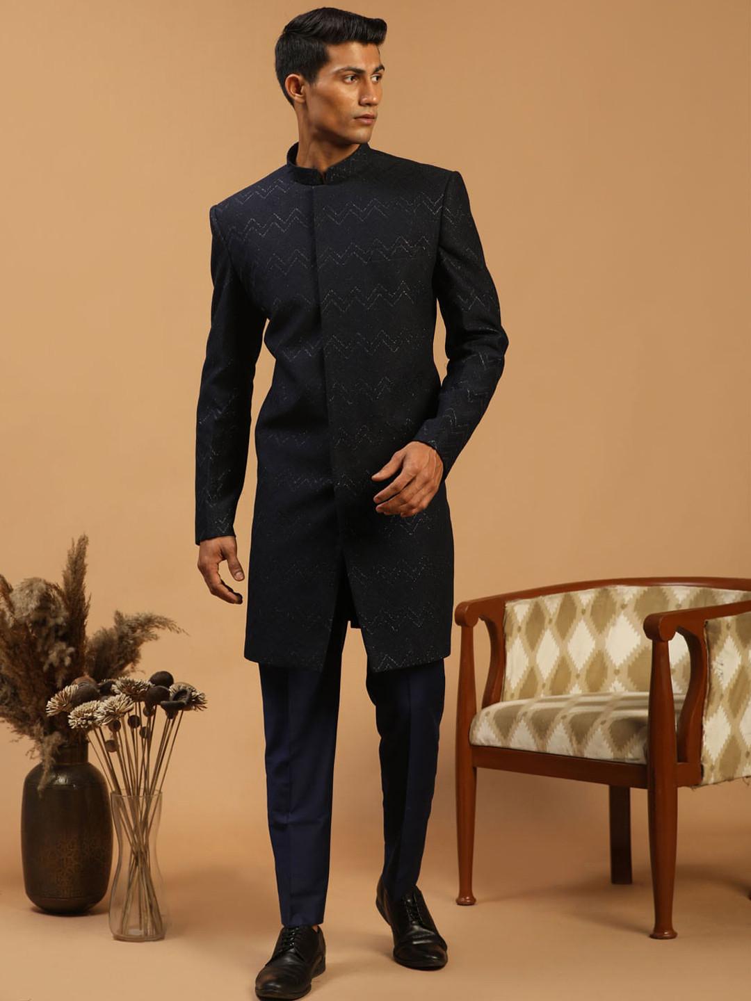 VASTRAMAY Men Glitter Silk Blend Indo Western Sherwani Set