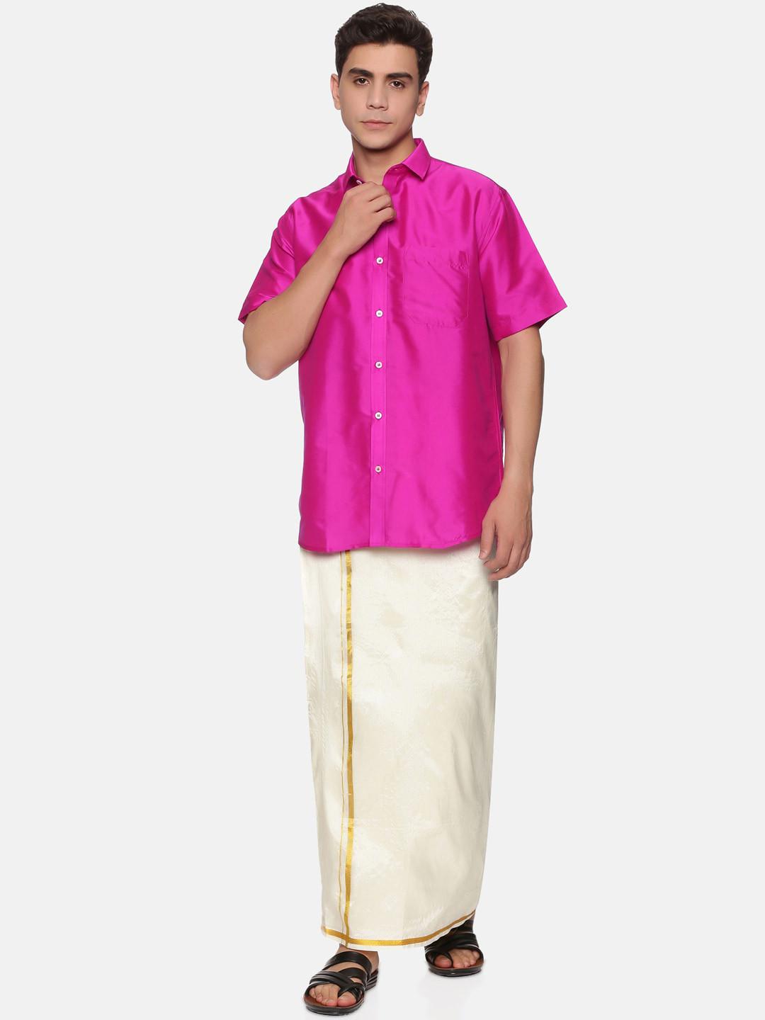 Sethukrishna Men Fuchsia & Off White Shirt with Dhoti Set