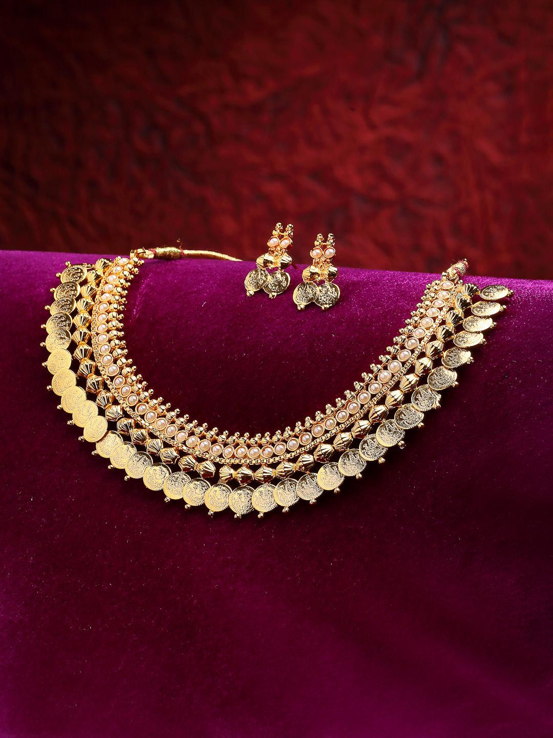 ZENEME Gold-Plated Stone-Studded & Beads-Beaded Temple Jewellery Set