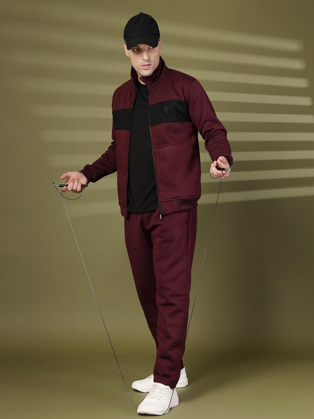 CHKOKKO Men Colourblocked Cotton Fleece Hooded Zipper Tracksuit