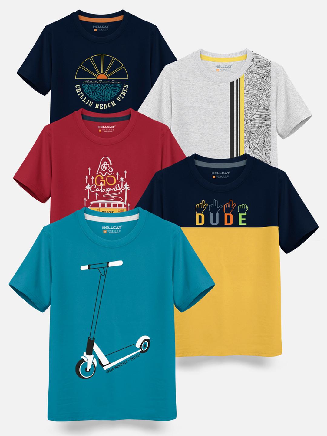 HELLCAT Boys Pack Of 5 Graphic Printed Cotton T-shirt