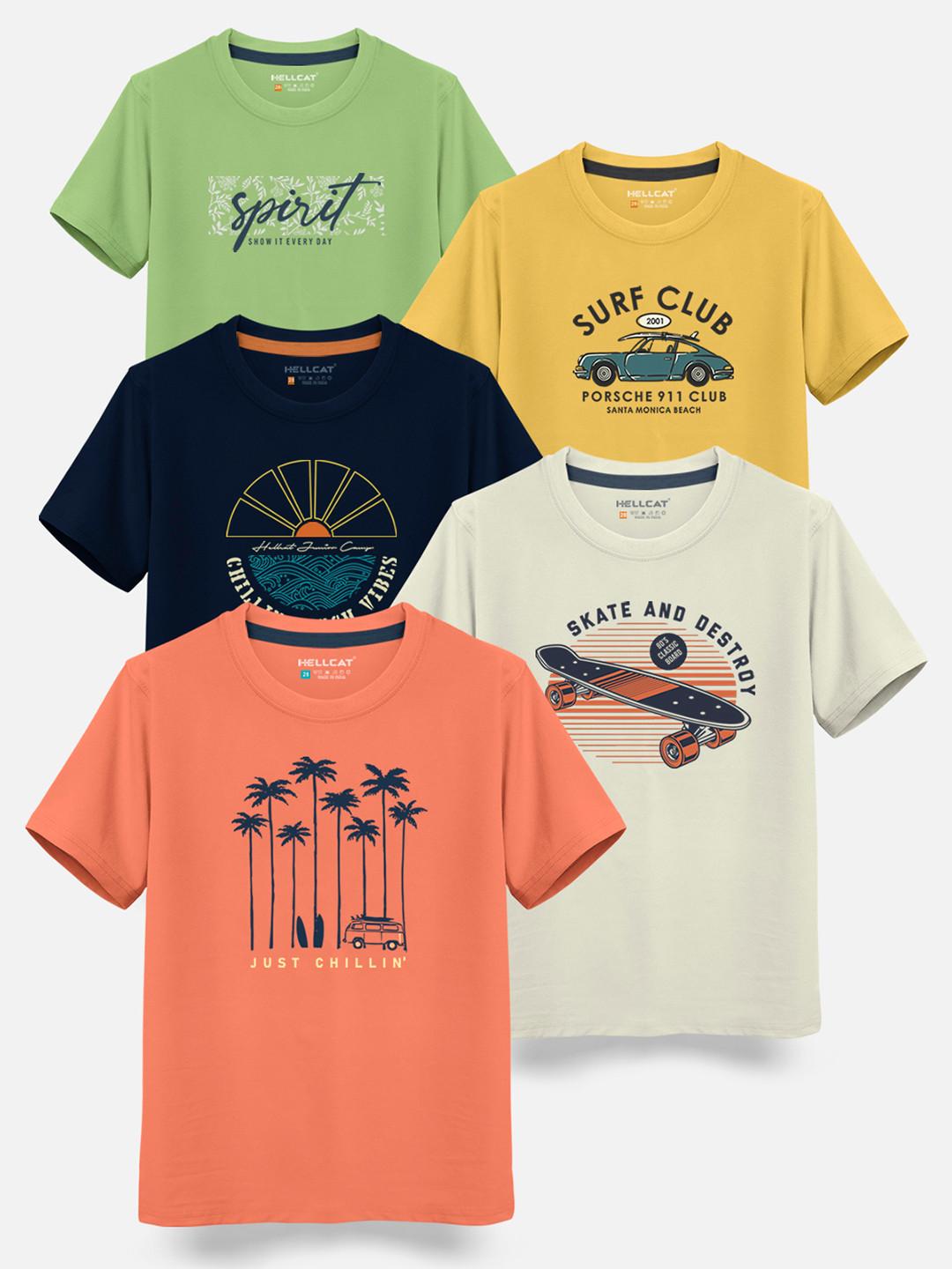 HELLCAT Boys Pack Of 5 Graphic Printed Cotton T-shirt