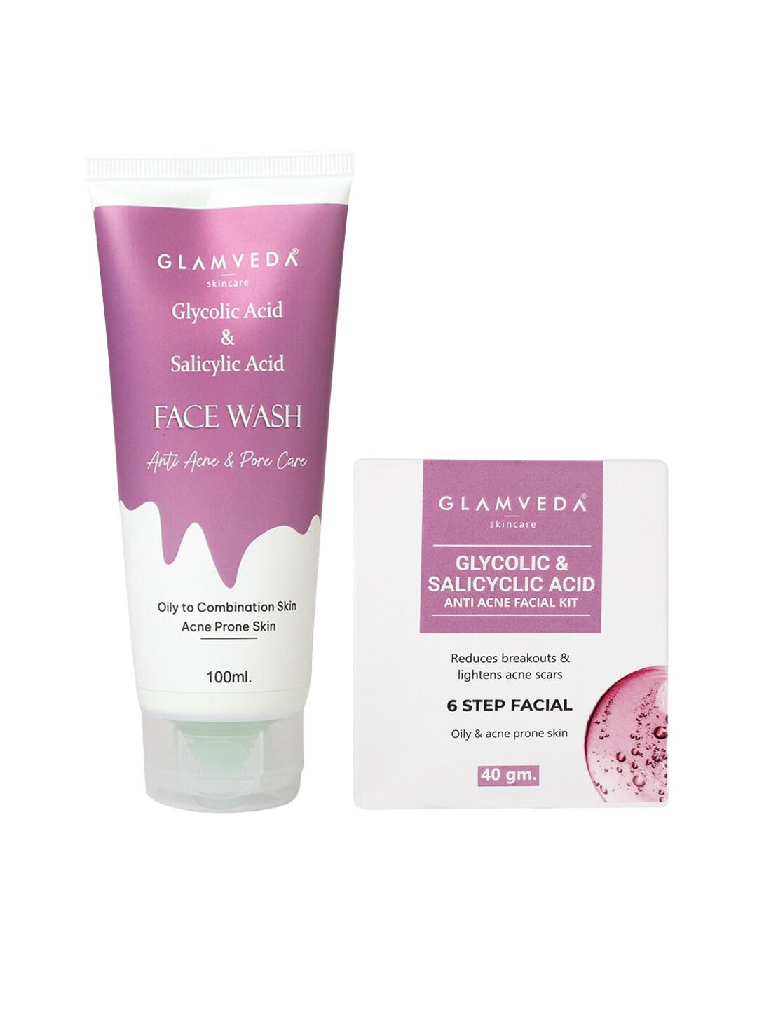 GLAMVEDA Set Of 2 Glycolic & Salicylic Acid Anti Acne Face Wash 100 ml & Facial Kit 40 gm
