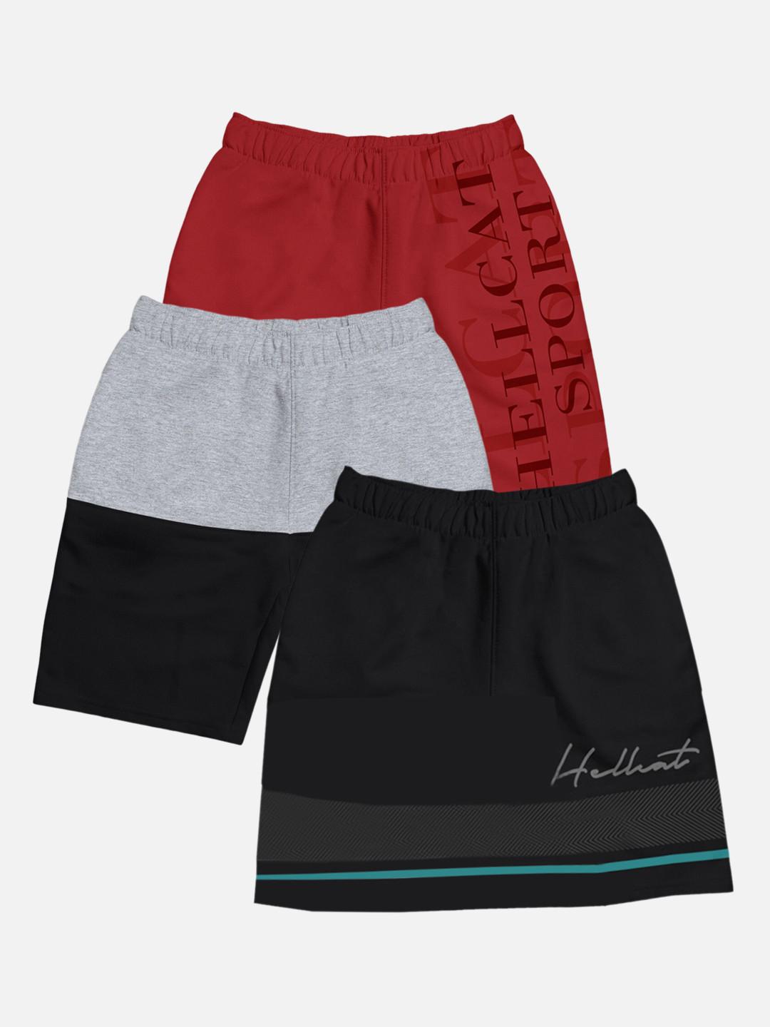HELLCAT Boys Pack Of 3 Typography Printed Cotton Shorts