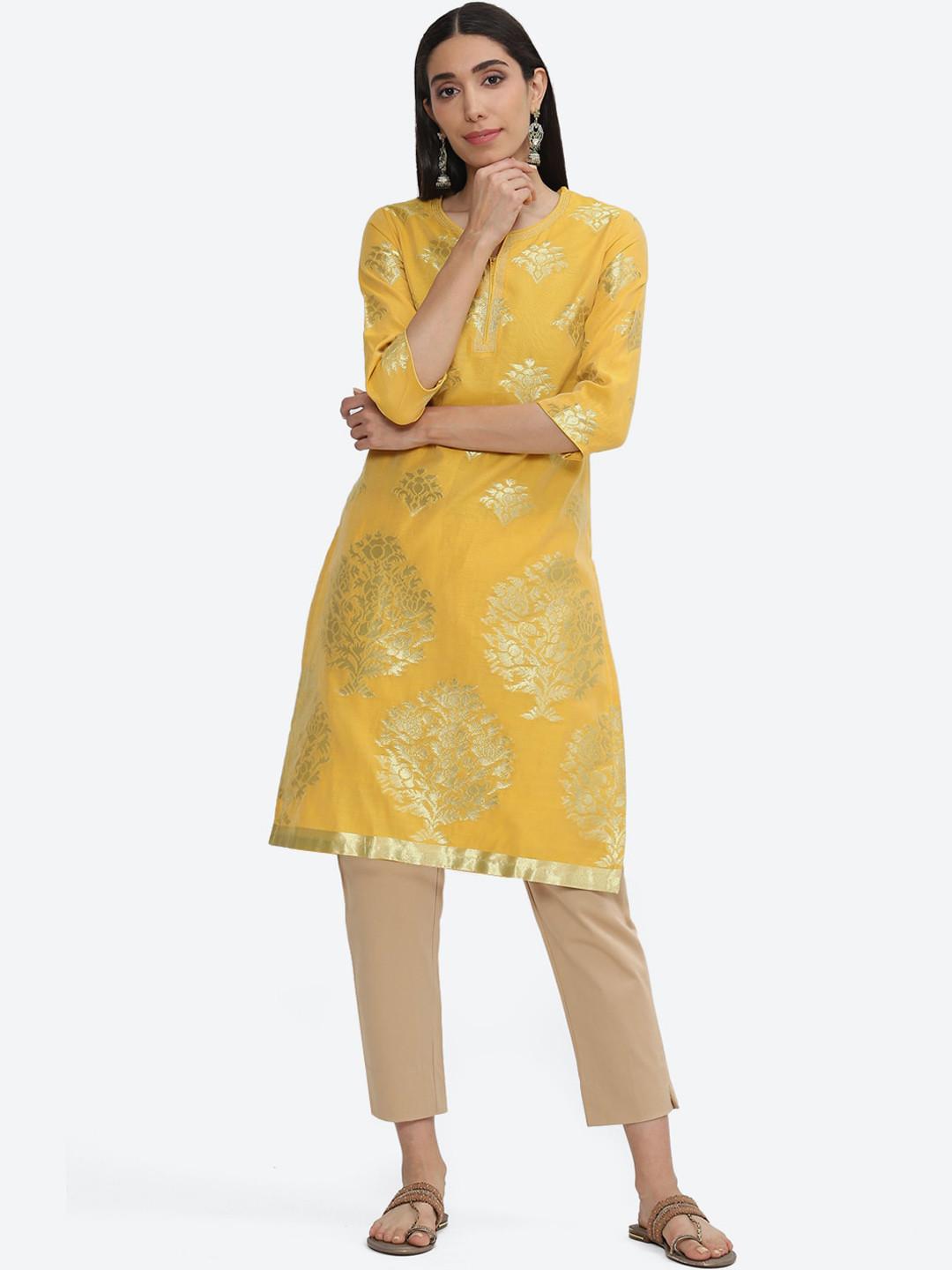 Biba Ethnic Motif Woven Design Notched Neck Kurta