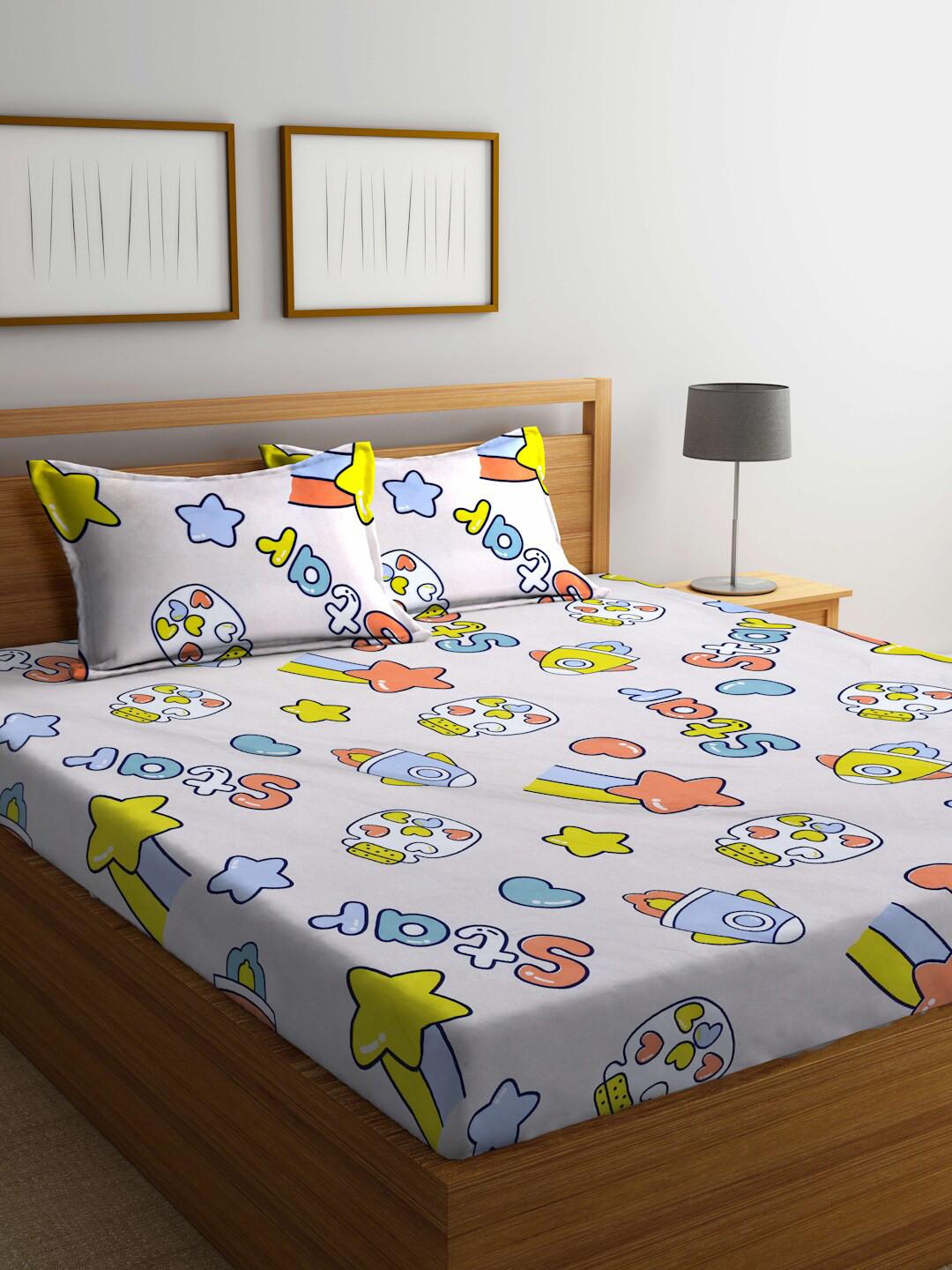 FABINALIV White Cartoon Print Polycotton 300 TC King Fine Bedsheet with 1 Pillow Cover