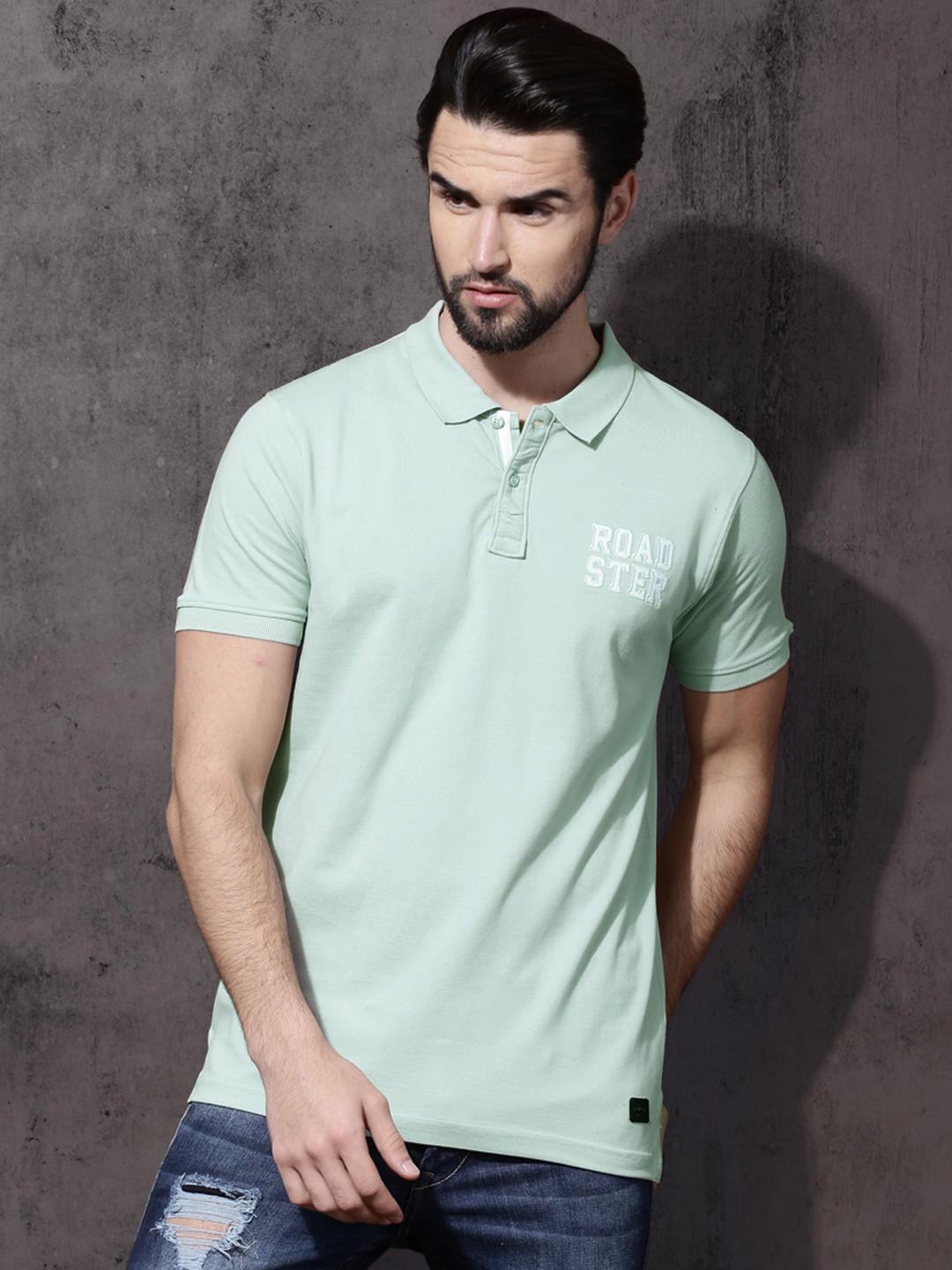 Roadster Men Green Solid Polo Collar Pure Cotton T-shirt