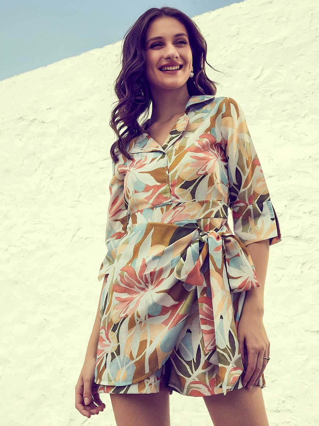 Athena Cream-Coloured & Teal Linen Printed Jumpsuit