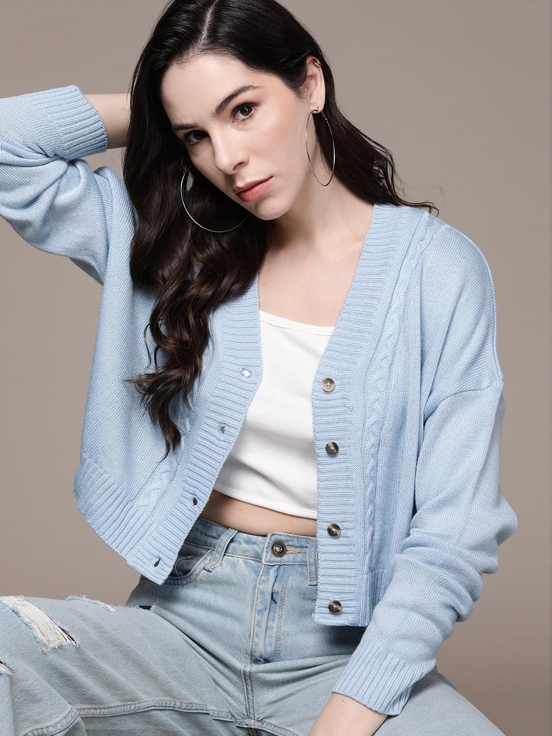 The Roadster Lifestyle Co. Solid Cable Knit Drop-Shoulder Sleeves Acrylic Cardigan