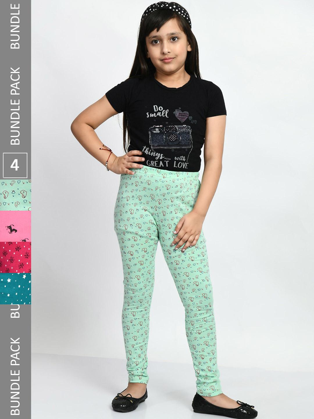 BAESD Girls Pack Of 4 Printed Pure Cotton Super Soft Churidar-Length Leggings