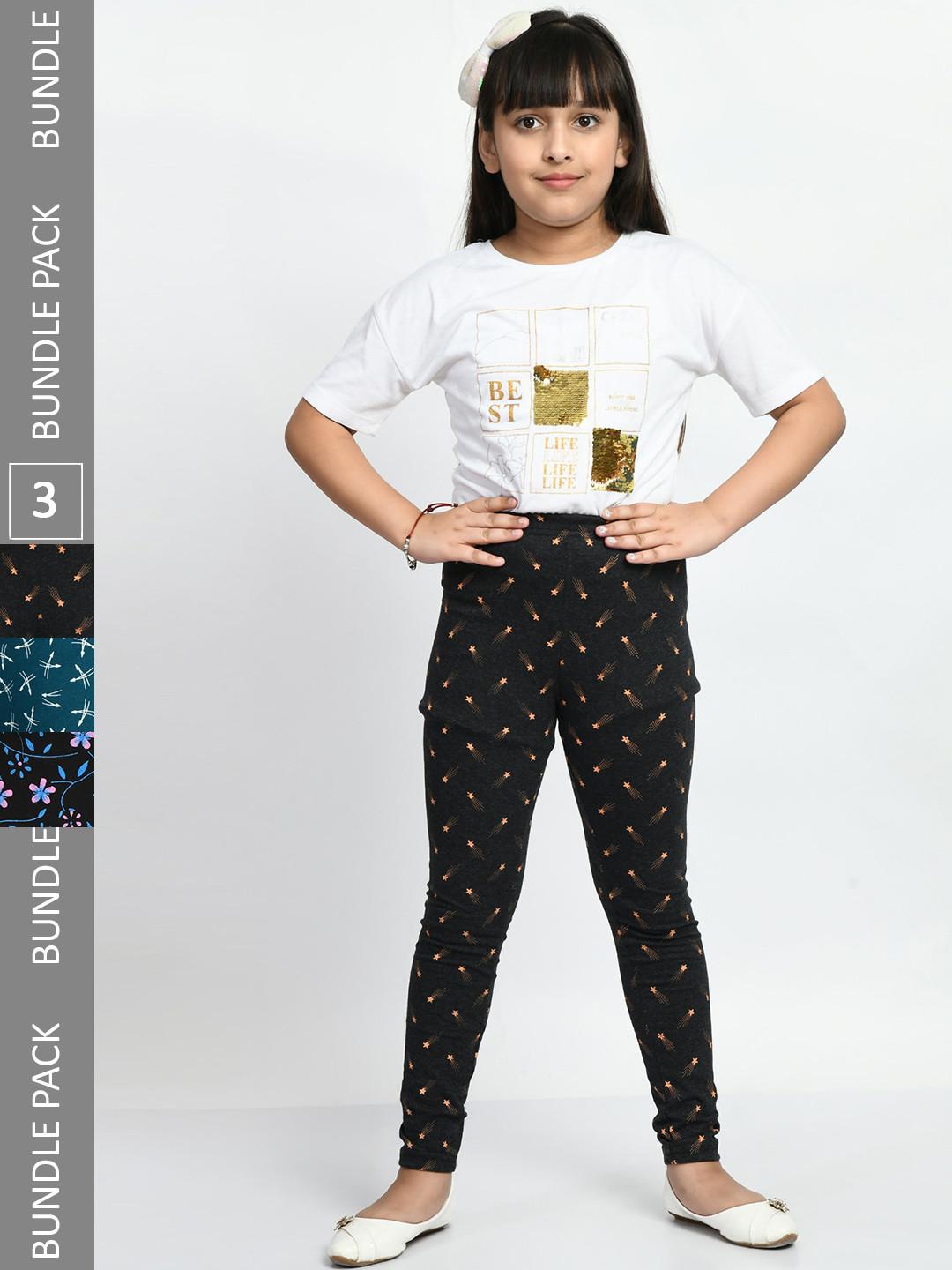BAESD Girls Pack Of 3 Printed Super Soft Pure Cotton Churidar-Length Leggings