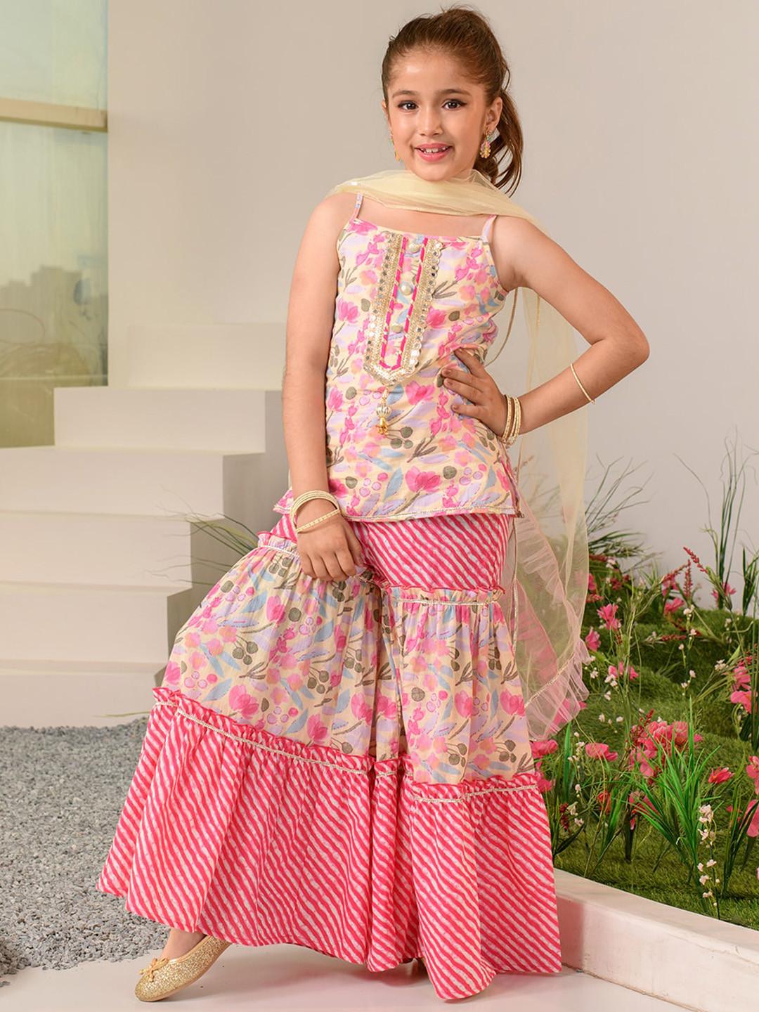Pspeaches Girls Cream And Pink Floral Cotton Kurti Sharara Dupatta Set