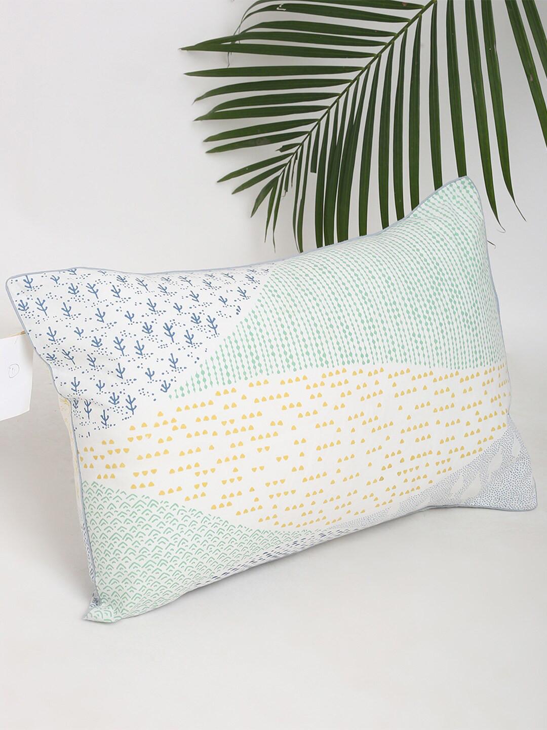 Fabindia White & Yellow 2 Pieces Printed Cotton Pillow Covers