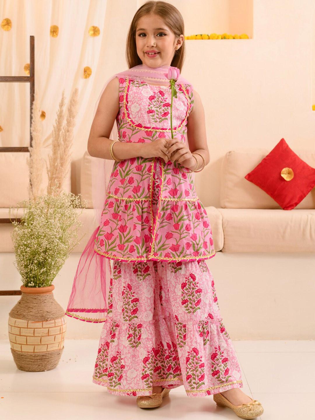 Pspeaches Girls Pink Floral Cotton Kurta Sharara Dupatta Set