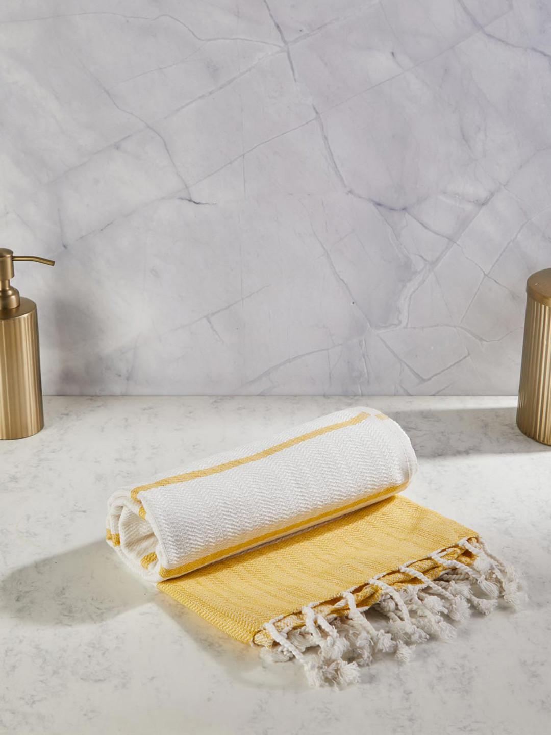Fabindia Yellow Striped Cotton 233GSM Super Soft Adult Regular Bath Towel-59x30In